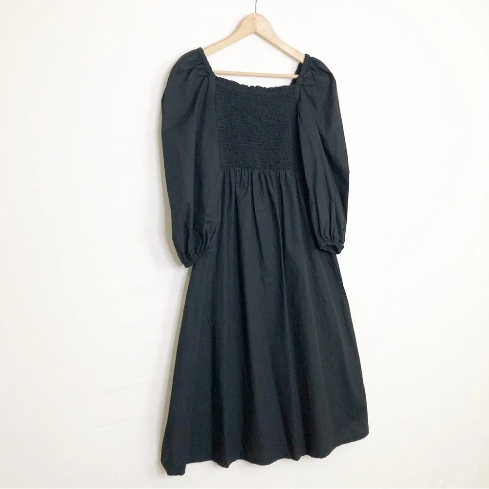 J Crew black smocked bodice puff sleeve, midi dress